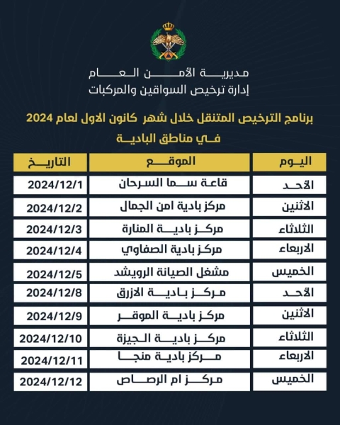 604641 0 1732704232.jfif الأردن.. ننشر مواعيد عمل «الترخيص المتنقل» خلال ديسمبر 2024