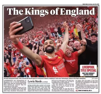 42025 4 28 12 38 بالصور.. محمد صلاح يتصدر عناوين الصحف البريطانية بعد تتويج ليفربول بالدوري الإنجليزي