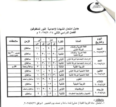 IMG 2353 جدول امتحانات الشهادة الإعدادية 2025 الترم الثاني في محافظة بني سويف
