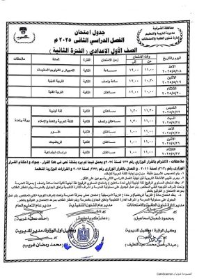 جدول امتحانات الصف الأول والثاني الإعدادي الترم الثاني 2025 بالشرقية 