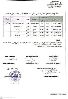 جدول امتحانات الصفين الأول والثاني الإعدادي الترم الثاني 2025 الأقصر 