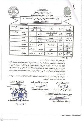 جدول امتحانات الصفين الأول والثاني الإعدادي الترم الثاني 2025 الأقصر 