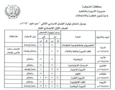 جدول امتحانات الصف الأول والثاني الإعدادي الترم الثاني 2025