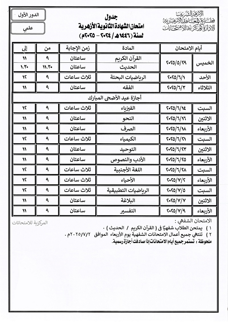 جدول امتحانات الثانوية الأزهرية 2025.. مواعيد الامتحانات للقسم العلمي والأدبي بالتفصيل