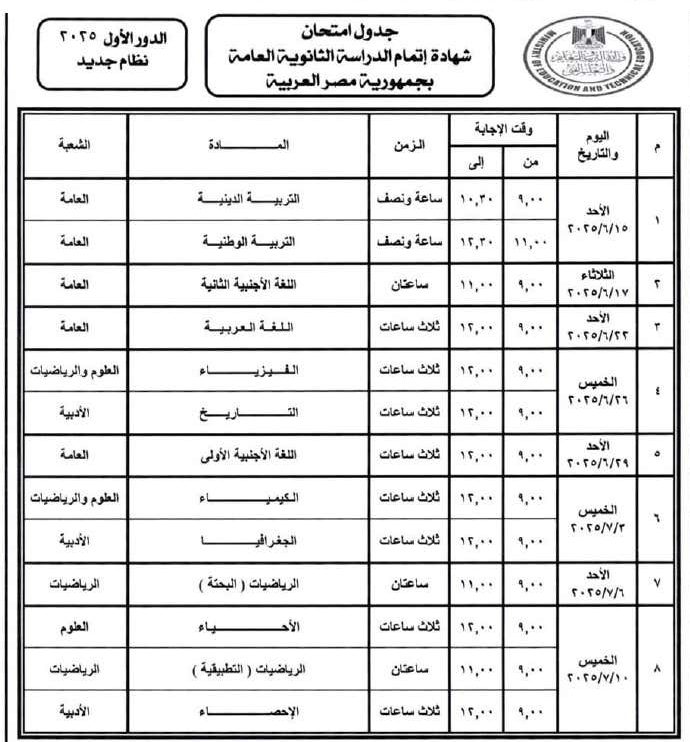 توقيت كل مادة.. جدول امتحانات الثانوية العامة 2025 لجميع الشعب pdf بنظاميها الحديث والقديم